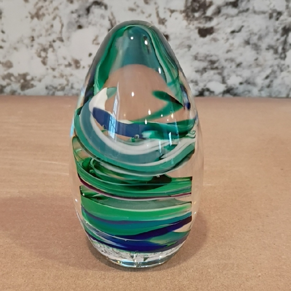 Estate Green and Blue Swirl Glass Art Paperweight Signed